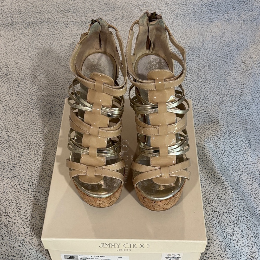 Jimmy Choo Beige and Gold Metallic Wedges - size 38.5